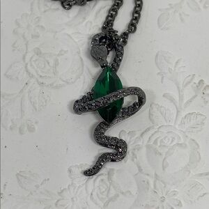 Dark Silver Tone Snake Necklace with Green Crystal